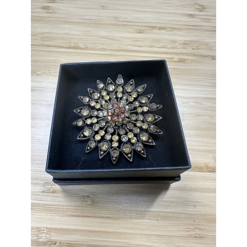 Vintage Large Amber Tones Rhinestones Floral Brooch Lapel Pin Statement MCM Glam
